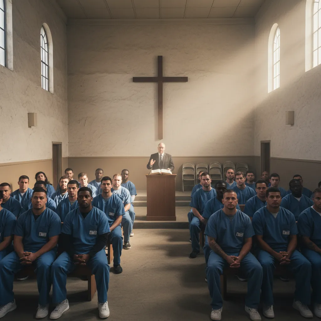 Prison chapel service with diverse group of inmates sitting on benches, chaplain at podium with open Bible, simple chapel interior with cross on wall