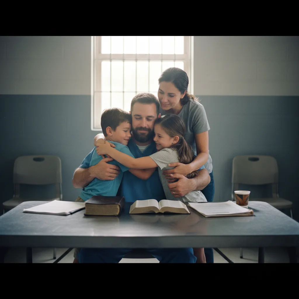 Family visiting incarcerated father in prison visitation room, children hugging dad, mother smiling, Bible on table, emotional atmosphere of love and hope