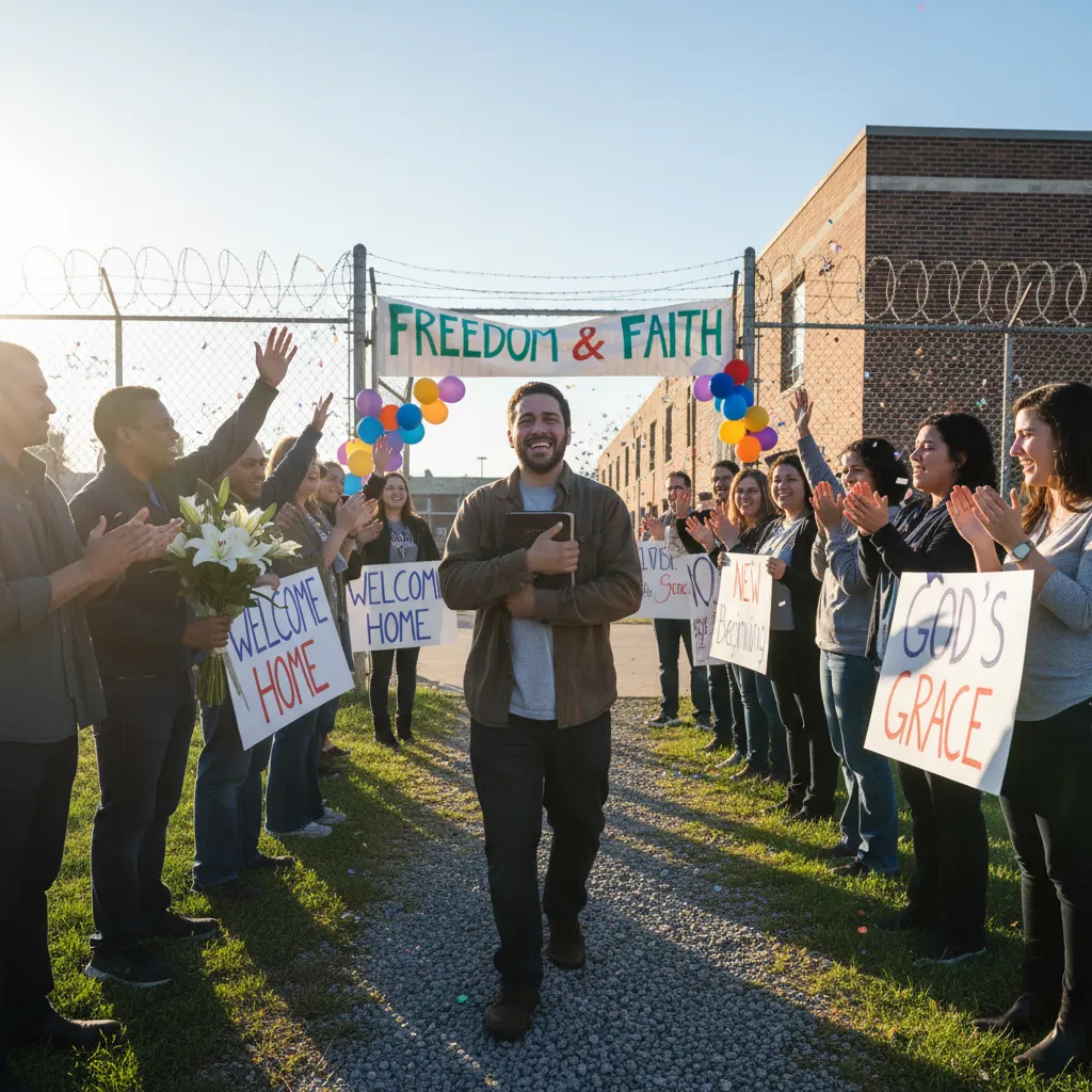 Person being released from prison greeted by church community, expressions of welcome and celebration, holding Bible, atmosphere of new beginning