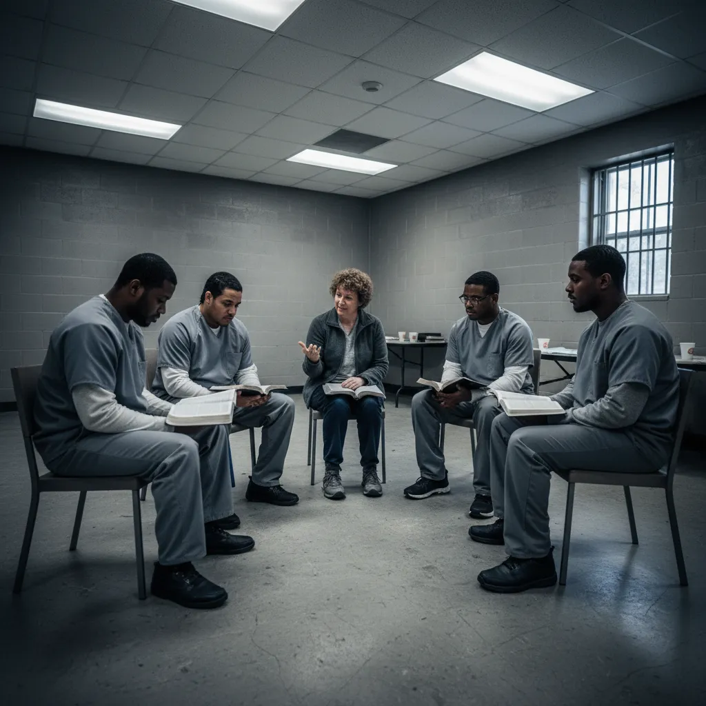 Small group Bible study in prison dayroom with inmates seated in circle with Bibles, volunteer leader facilitating discussion