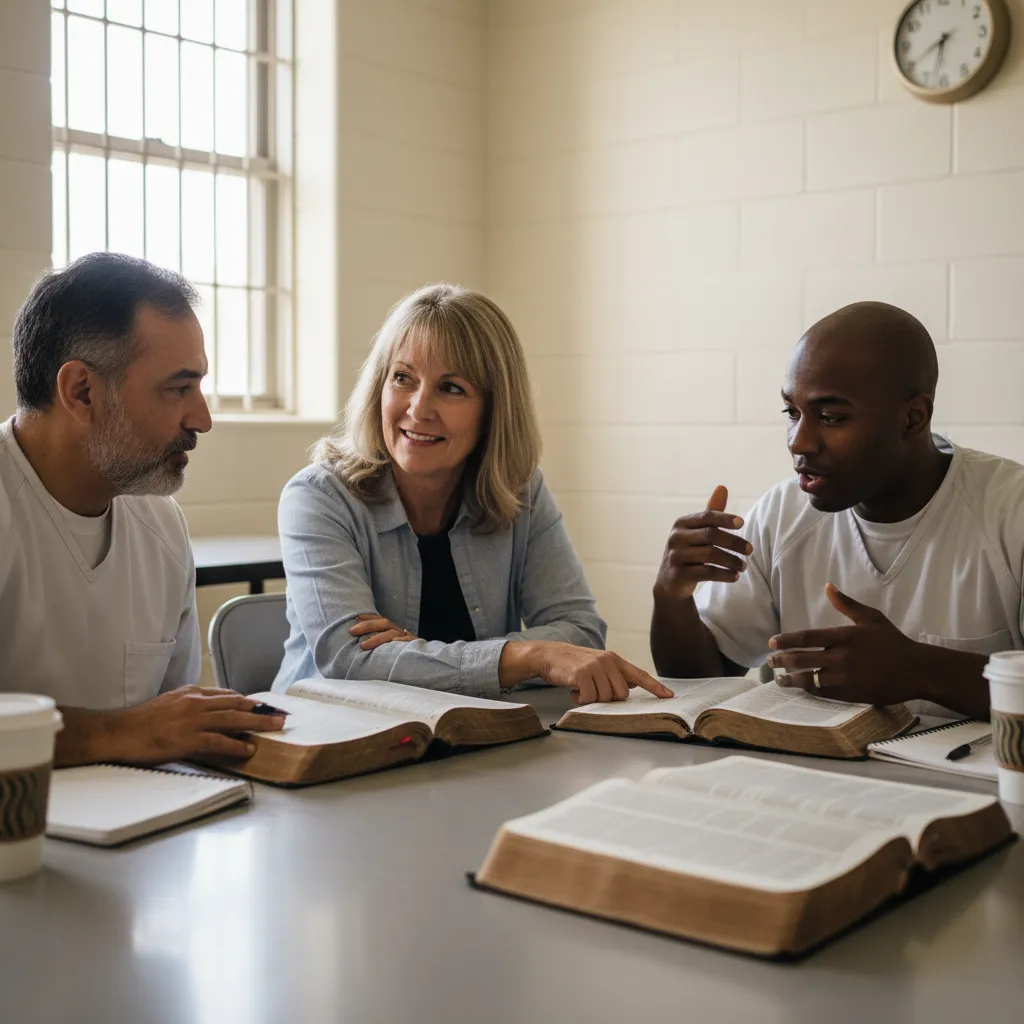 Prison ministry volunteer meeting with inmates in visitation room, open Bibles on table, expressions of genuine connection and mentorship