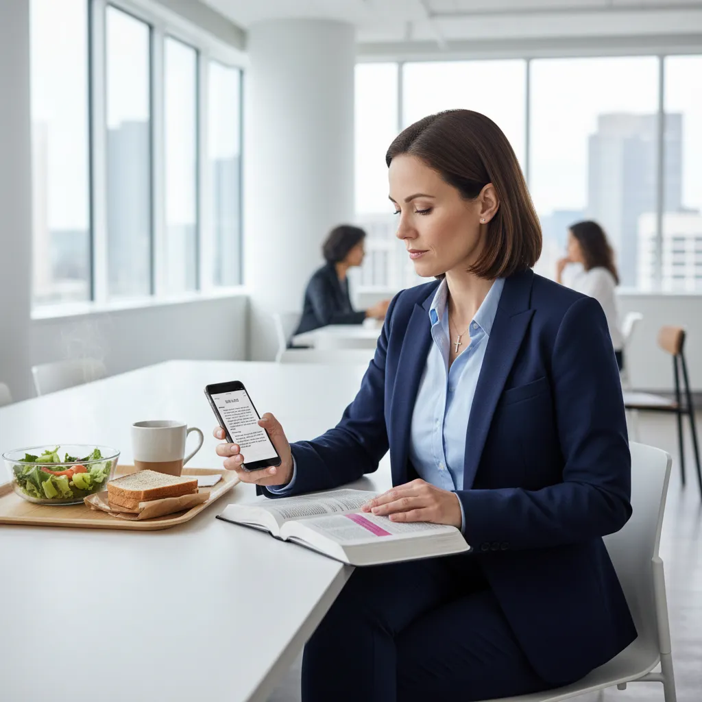 Professional woman during lunch break using smartphone Bible app and physical Bible, integrating faith into busy work life