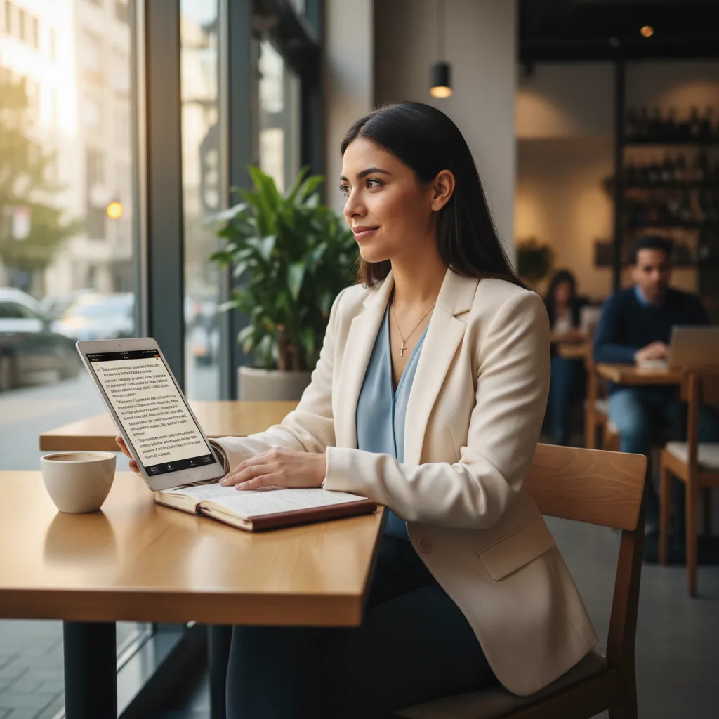 Hispanic professional woman in her late 20s using Bible app on tablet during lunch break at a modern cafe, demonstrating integration of faith into busy career life