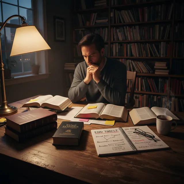 Individual studying end times prophecy at home with Bible and notebook