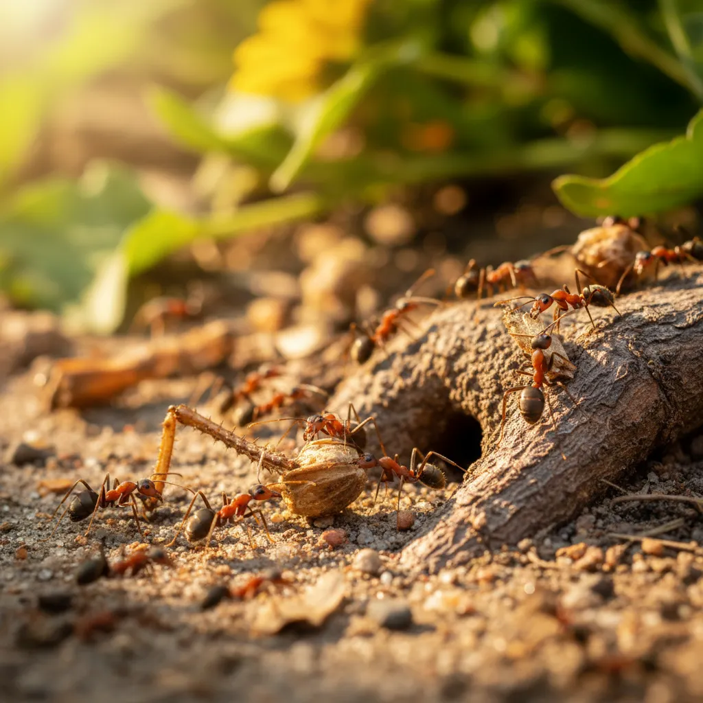 Industrious ants working together to carry food illustrating the Proverbs teaching to learn diligence from the ant
