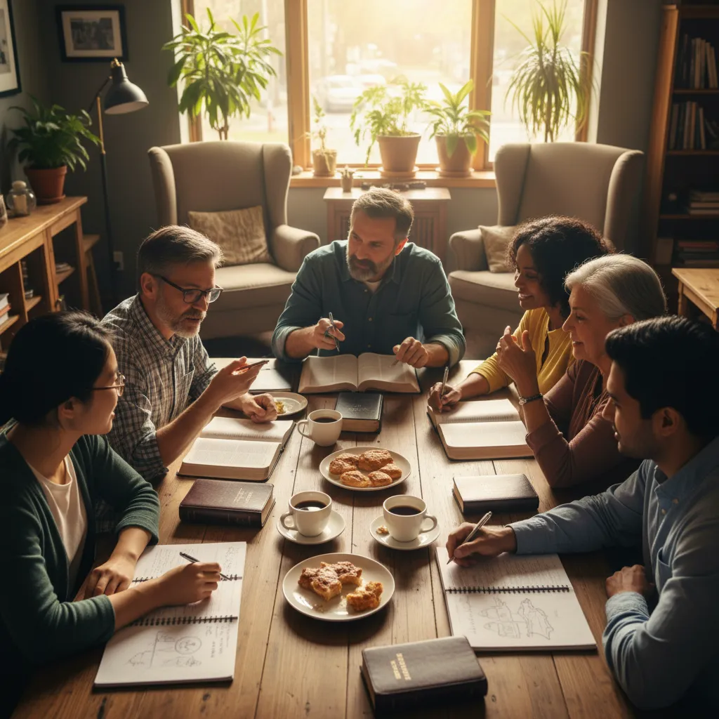 Diverse group of people studying the Book of Proverbs together with open Bibles representing iron sharpening iron