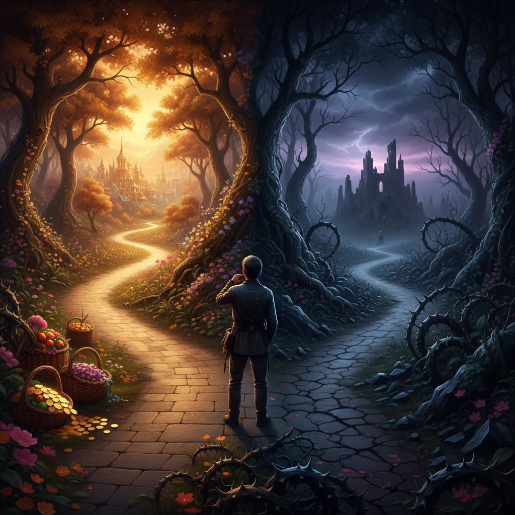 Two diverging forest paths representing the choice between wisdom and folly in Proverbs - one path leads to light and the other to darkness