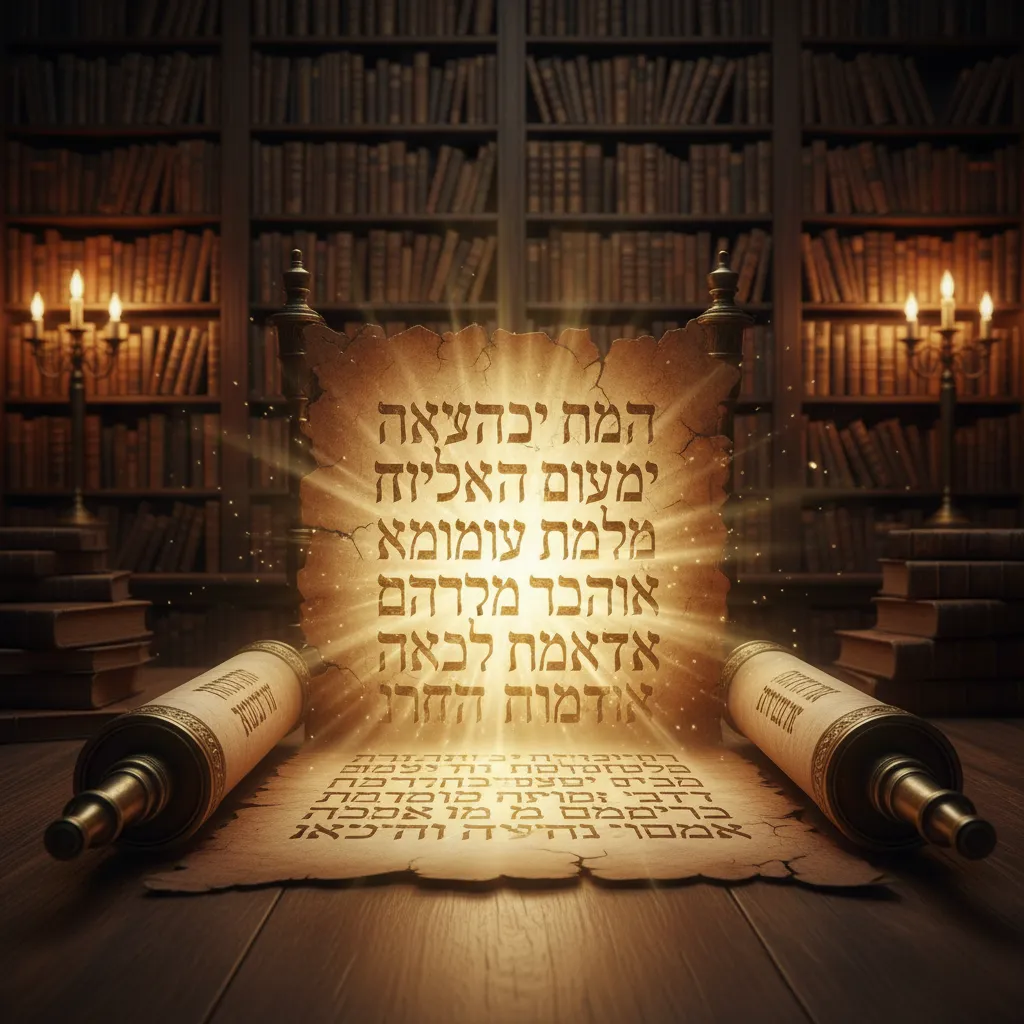 Ancient scroll with golden Hebrew text illuminated by divine light in a library setting representing the call of wisdom from the Book of Proverbs