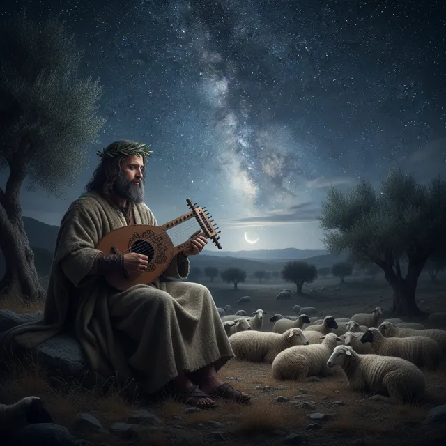 King David playing harp under starry night sky in ancient Israel with contemplative expression