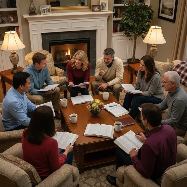 Diverse small group of adults studying Bible together in cozy living room with warm lighting