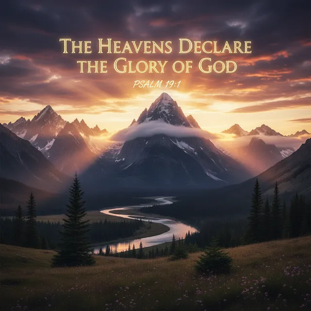 Majestic mountain landscape with dramatic sunrise depicting Psalm 19 heavens declaring God's glory