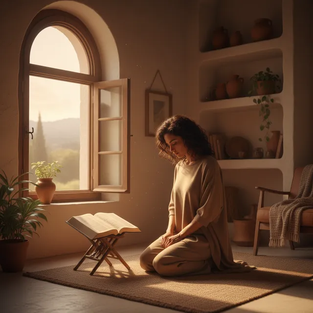 Person kneeling in prayer with open Bible and morning sunlight through window