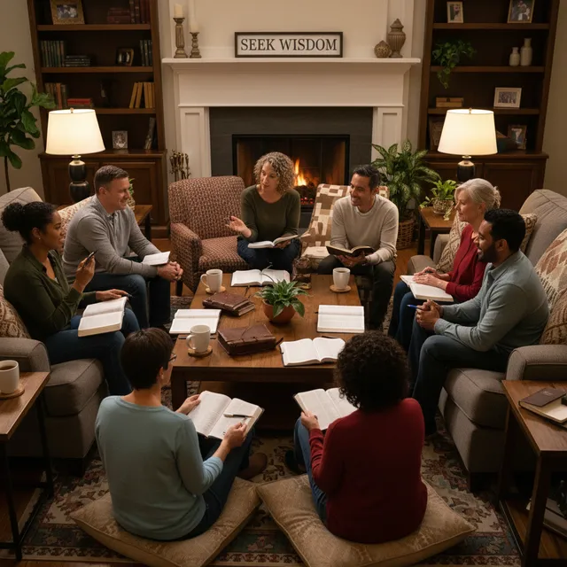 Diverse group of adults studying Psalms and Proverbs together in a cozy living room