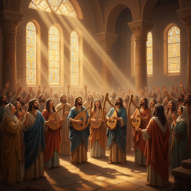 Ancient Hebrew musicians playing lyres and harps in temple worship with golden sunlight