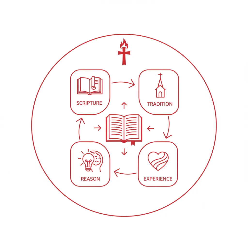 Modern infographic illustration showing the Wesleyan Quadrilateral concept with central Bible surrounded by four interconnected elements: Scripture, Tradition, Reason, and Experience in red and white color scheme