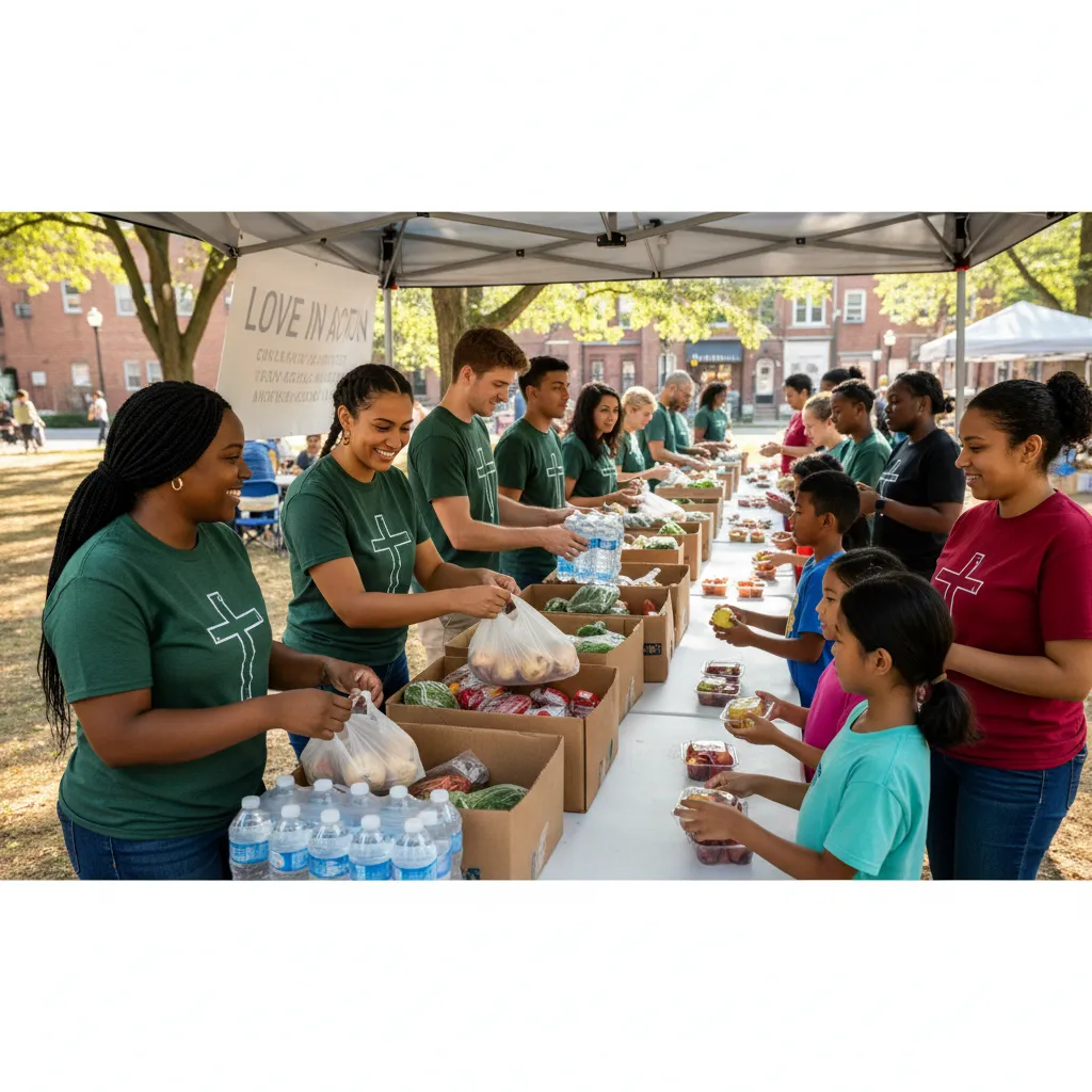 Diverse group of church members serving together at community event helping with food distribution