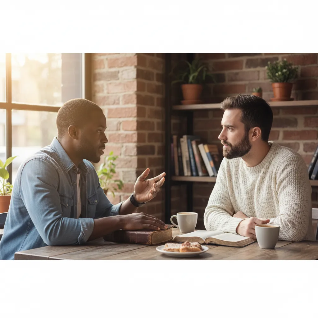 Two men of different races having deep conversation over coffee with open Bibles