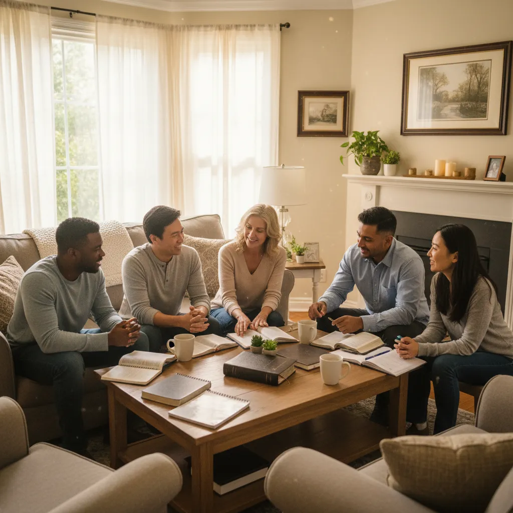 Diverse multiethnic small group studying Bible together in living room with warm expressions of connection