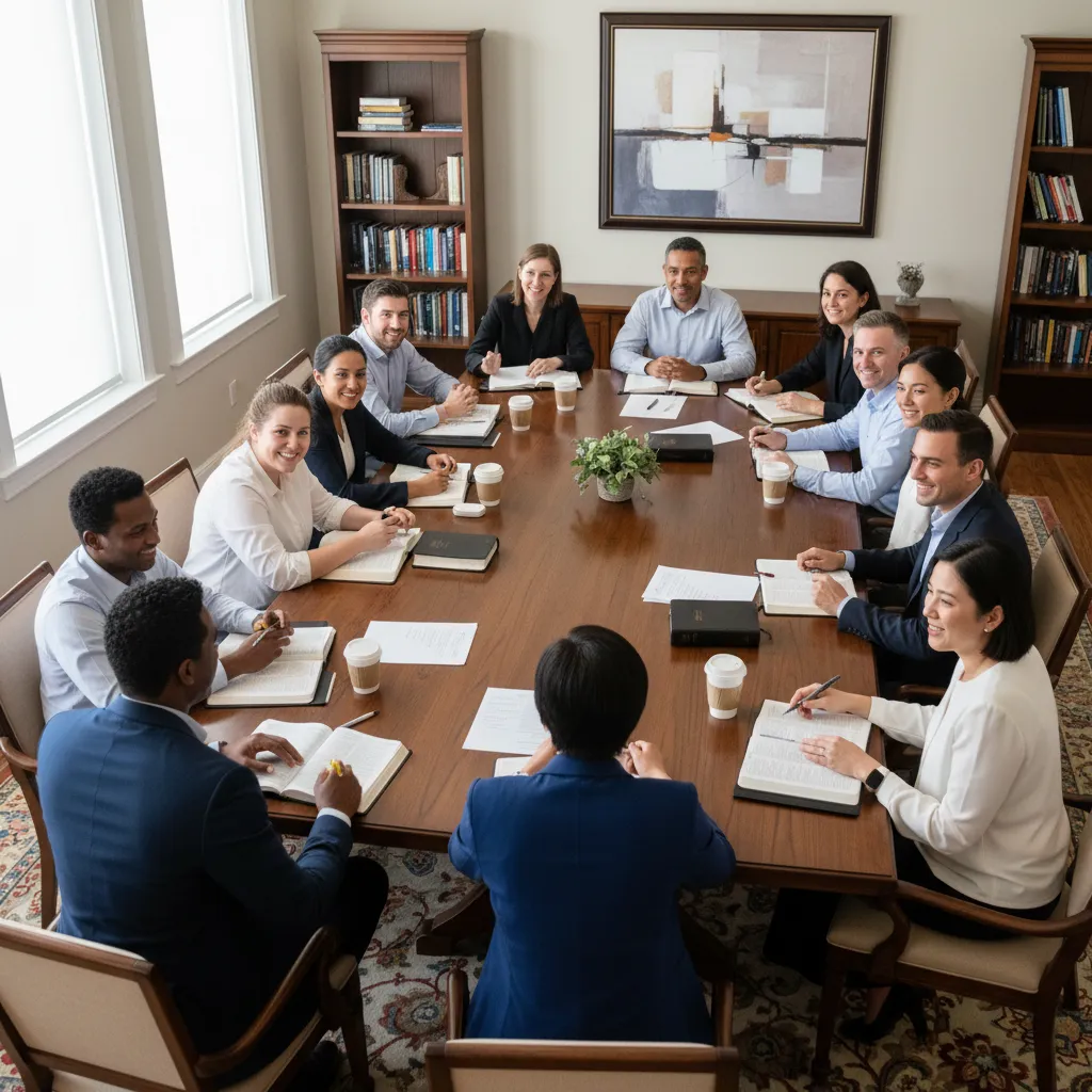 Diverse church leadership team meeting around conference table with open Bibles