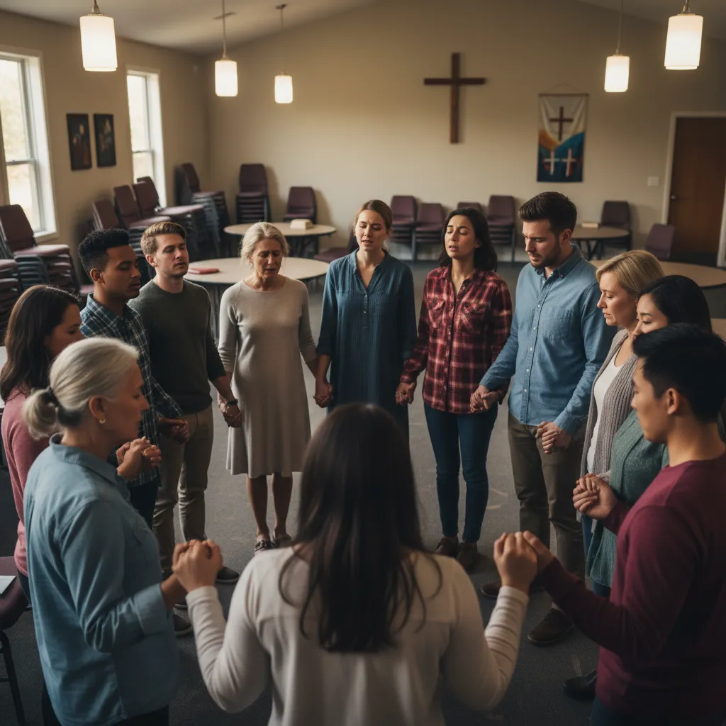 Multiethnic group of Christians praying together in circle with hands joined