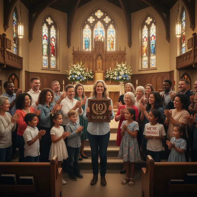 Person receiving sobriety milestone celebration at church, surrounded by supportive community