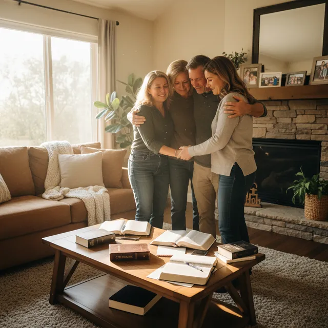 Family in reconciliation moment with Bible study materials nearby in living room setting