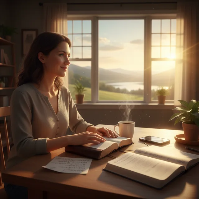 Person in recovery doing morning devotional with Bible and coffee, peaceful sunrise through window