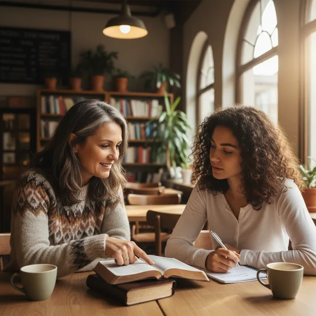 Two people in coffee shop, one mentoring the other with open Bible in sponsor relationship