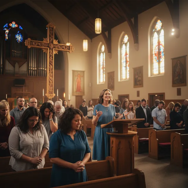 Person sharing testimony at church podium with congregation listening attentively