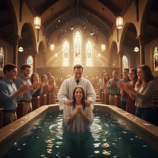 Baptism scene in church with pastor baptizing new believer in baptismal pool