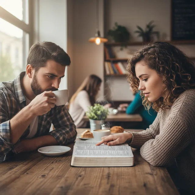 Two friends having coffee, one sharing Bible with the other in warm coffee shop setting