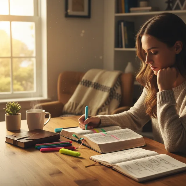 Person studying Bible at desk with notebook, highlighters marking Scripture passages about salvation