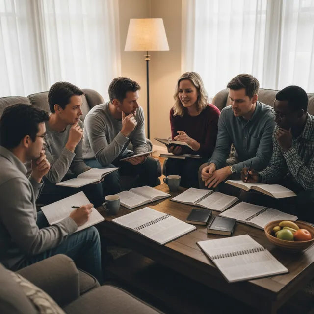 Diverse small group of adults in living room studying Bible together, discussing salvation