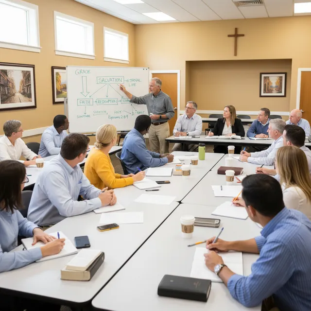 Pastor or teacher at whiteboard explaining salvation diagram to adult class