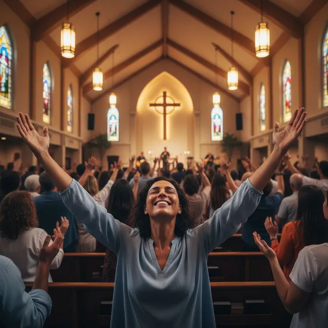 Person with hands raised in worship during church service with congregation in background