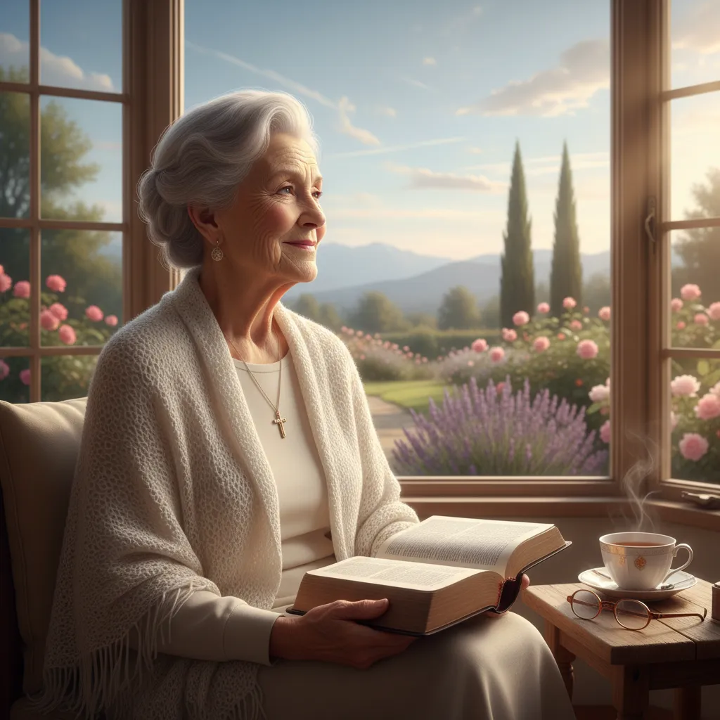 Senior in peaceful contemplation with Bible nearby, looking at beautiful natural scenery