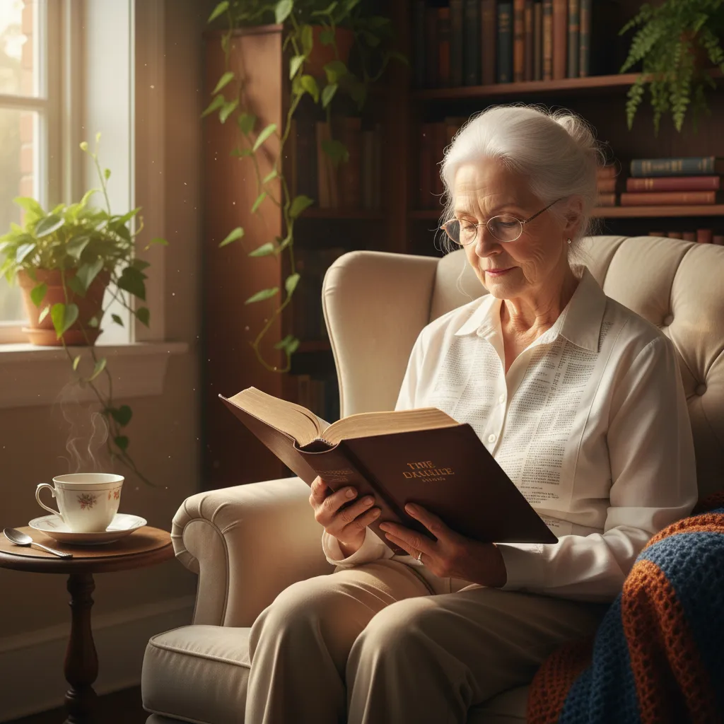 Senior adult peacefully reading a large-print Bible in a comfortable armchair with warm natural window lighting