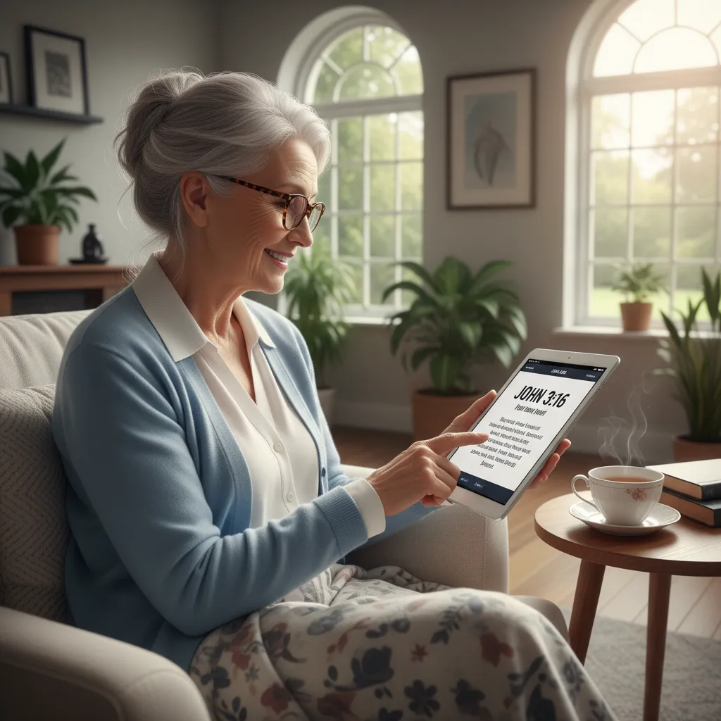 Senior comfortably using a tablet with large-text Bible app in a well-lit living space
