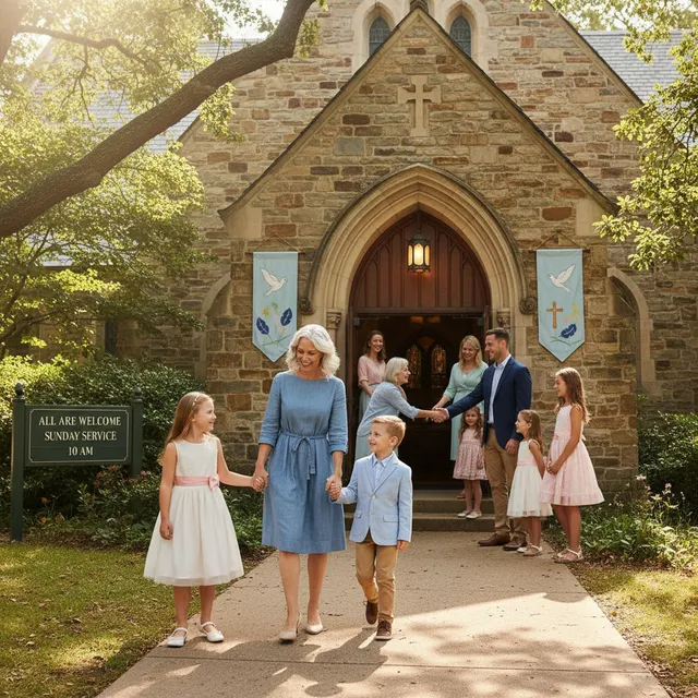 Single parent family walking into church with other church families greeting them warmly