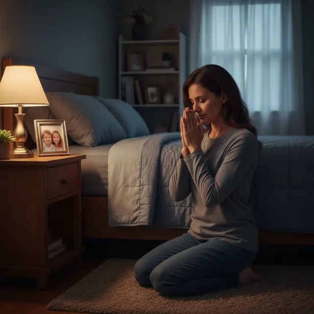 Single mother kneeling by bed in quiet room at night, hands folded in prayer