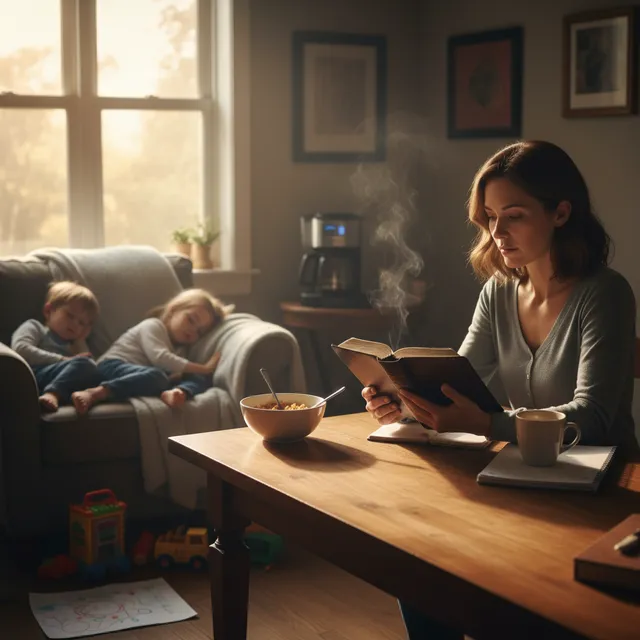 Single mother reading Bible at kitchen table before dawn while coffee brews, soft morning light through window