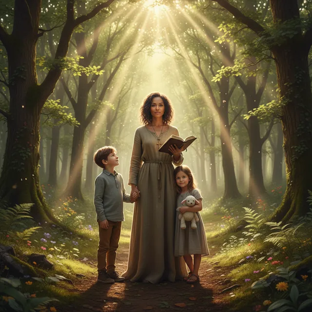Strong single mother standing confidently with Bible in hand, two children at her side
