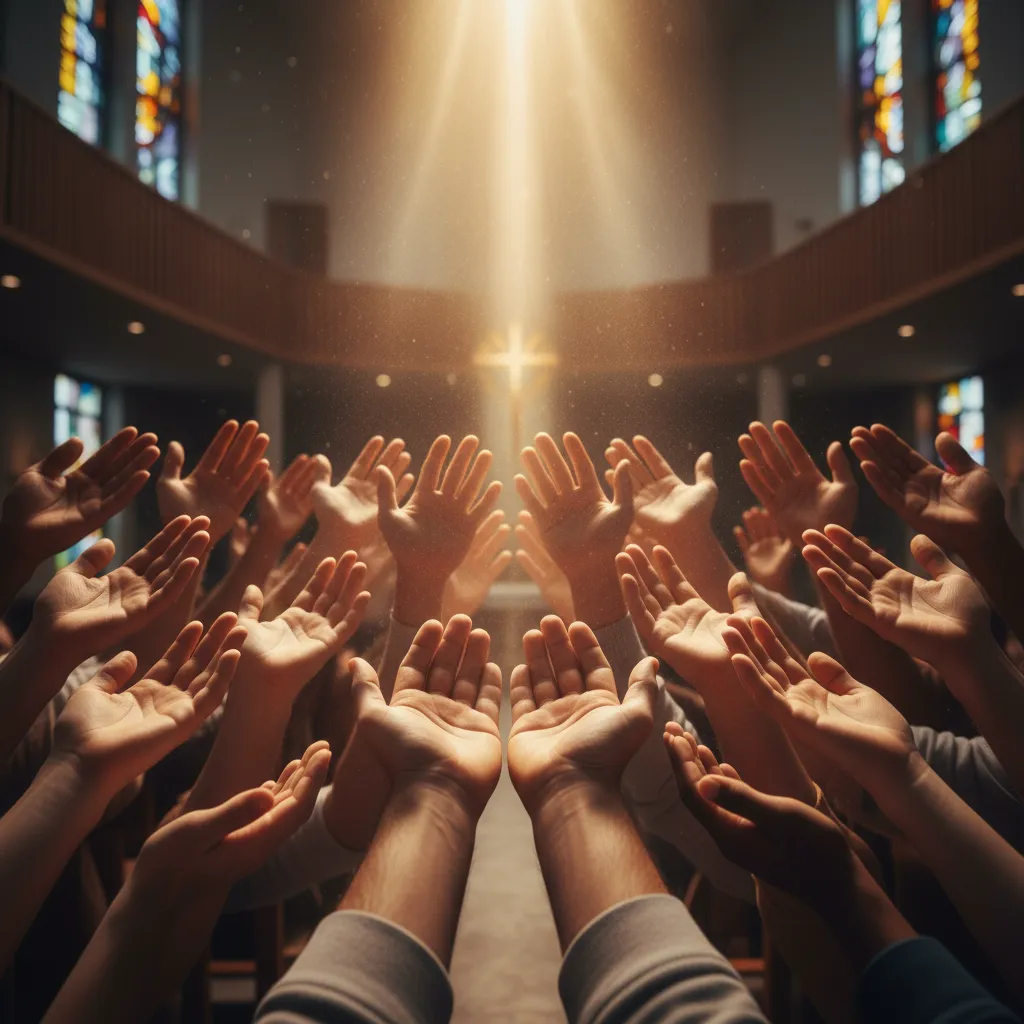 Diverse hands reaching upward in worship with soft light streaming from above, symbolizing receiving the gifts of the Holy Spirit in a modern church setting