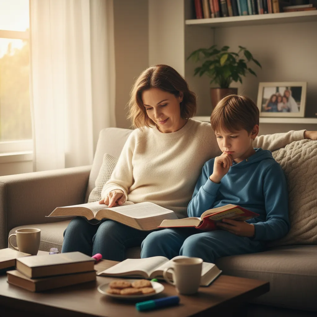 Stepparent and stepchild reading Bible together on couch, showing patient relationship building with genuine engagement