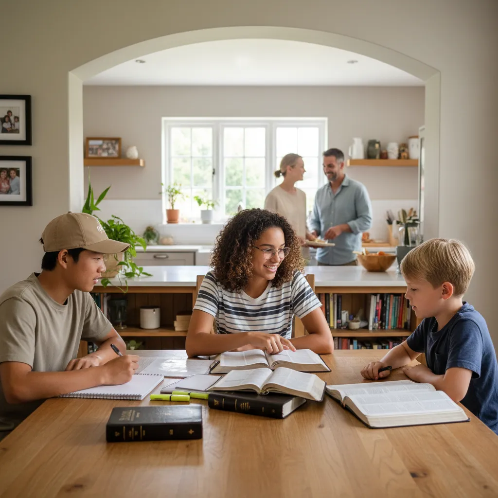 Stepsiblings from different families studying Bible together at dining table, showing growing friendship and sibling bonds