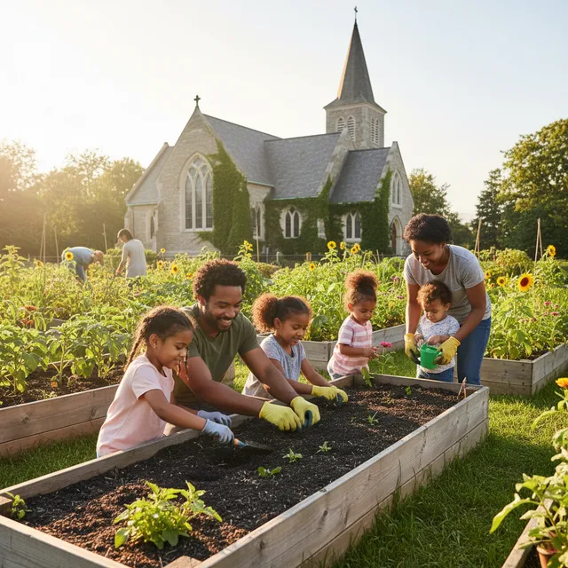 Family working together in community garden, practicing environmental stewardship