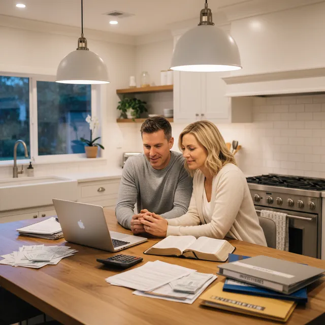 Couple reviewing family budget together with Bible open, practicing financial stewardship