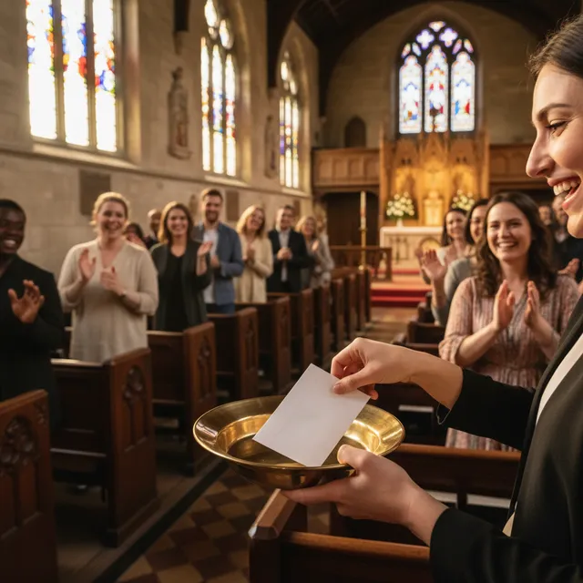 Person placing offering envelope with joyful expression, practicing generous giving