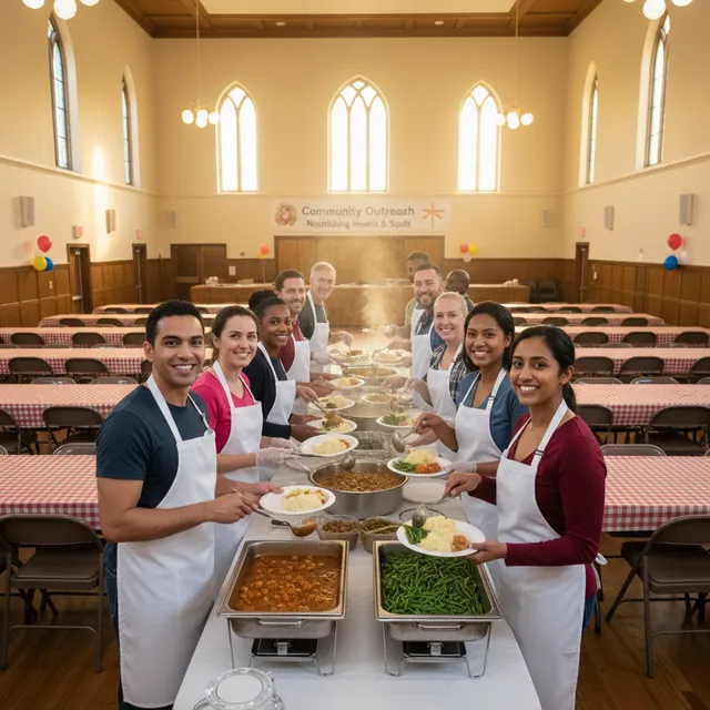 Diverse volunteers serving food at community outreach, using talents to serve others