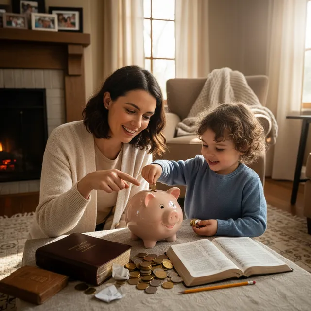 Parent teaching child about giving with piggy bank and Bible, family discipleship